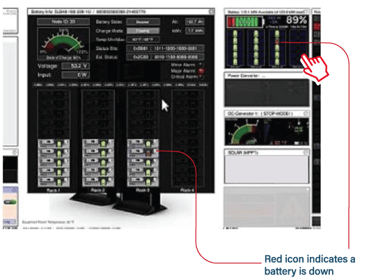 If there is a battery issue the system will display that battery in red on the quickview and the detailed view.