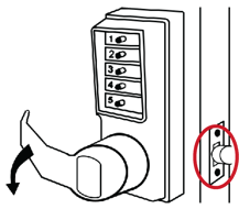 1. The turn knob or key should be in vertical position.  2. Insert the DF-59 control key into the combination change plug assembly and unscrew the cylinder by turning the key counterclockwise.  3. Remove the combination change plug to gain access to the combination change sleeve.  4. Turn the outside lever down once to the vertical (stop) position, then release — the latch should not retract.  5. Enter the existing combination (a slight click should be felt as each button is depressed).  6. Insert the spanner wrench to engage the combination change sleeve.