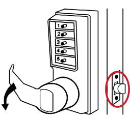 12. Turn the outside lever once, all the way until it  stops —hold in position — the latch should fully retract. 13. Release the lever. 14. Turn the lever again to the stop position — at this point, the latch should not retract unless you enter the new combination. 15. Re-secure the combination change plug assembly by screwing it in clockwise with the DF-59 key — do not over tighten. 16. Remove the key and store in a secure area with   the spanner wrench