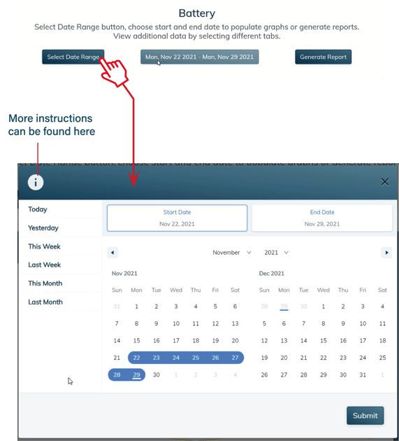 To get a report on a specific date range, click the Select Date range button at the top left. This will show a calendar to select a specific date range.