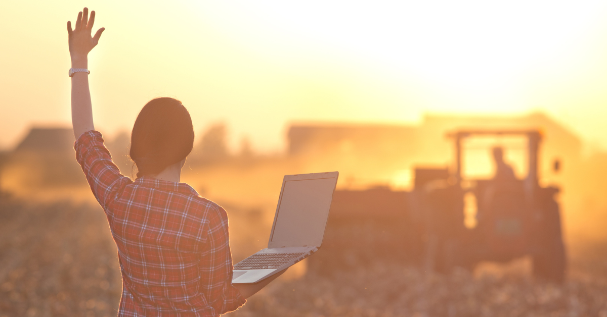 Woman in field holding a laptop